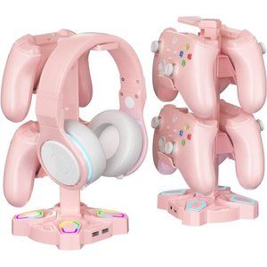 RGB Headphone Stand with 9 Light Modes - Rotatable Pink Game Headset Holder